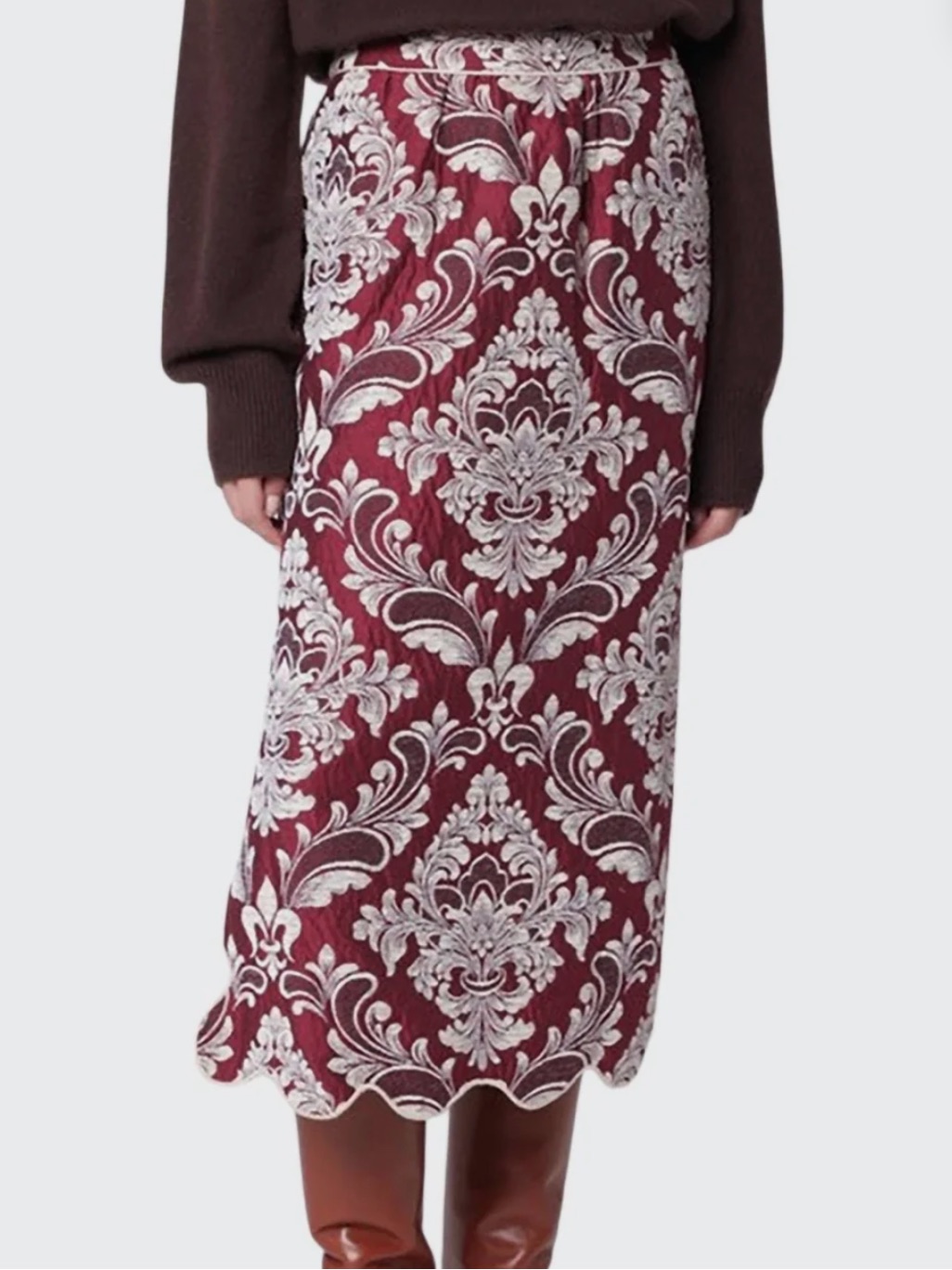 Farm Rio Bicolor Jacquard Waves Midi Skirt In Blush Pink Burgundy